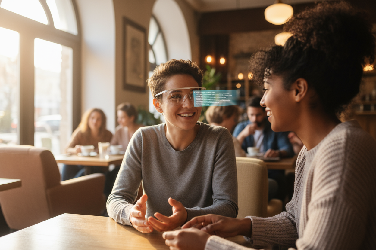 A 1:1 image of a person wearing Leion HEY2 glasses in conversation with a friend at a café. Subtle holographic text appears near the glasses showing live captions. Warm, inclusive atmosphere, natural lighting, authentic smiles. No text or logos.