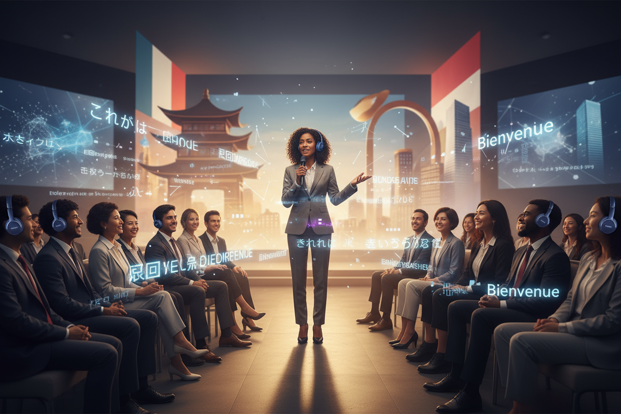 A 1:1 square image of a speaker wearing Leion HEY2 addressing a diverse audience, with soft holographic text overlays showing different languages (e.g., English, Japanese, French). The scene conveys inclusivity and global communication. Background features subtle international flags or mixed cultural cues, warm lighting, polished look, no text or logos.