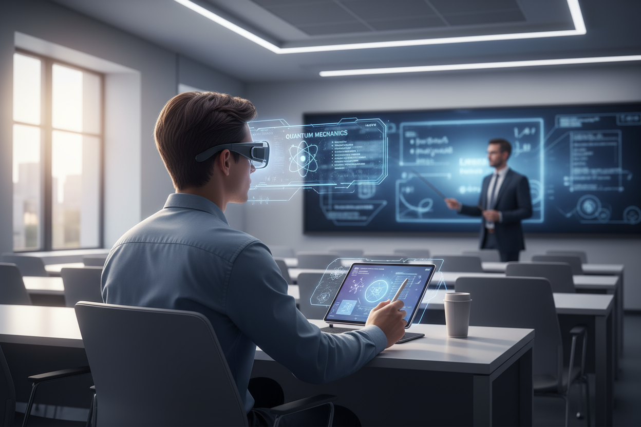 A 1:1 square image of a student sitting at a desk during a lecture, wearing Leion HEY2 glasses that display holographic definitions, diagrams, or key concept highlights floating in front of them. The background shows a professor writing on a digital whiteboard. The atmosphere is modern, tech-savvy, and focused. Use neutral colors with soft depth-of-field for a premium, realistic finish. No text or logos in the image.