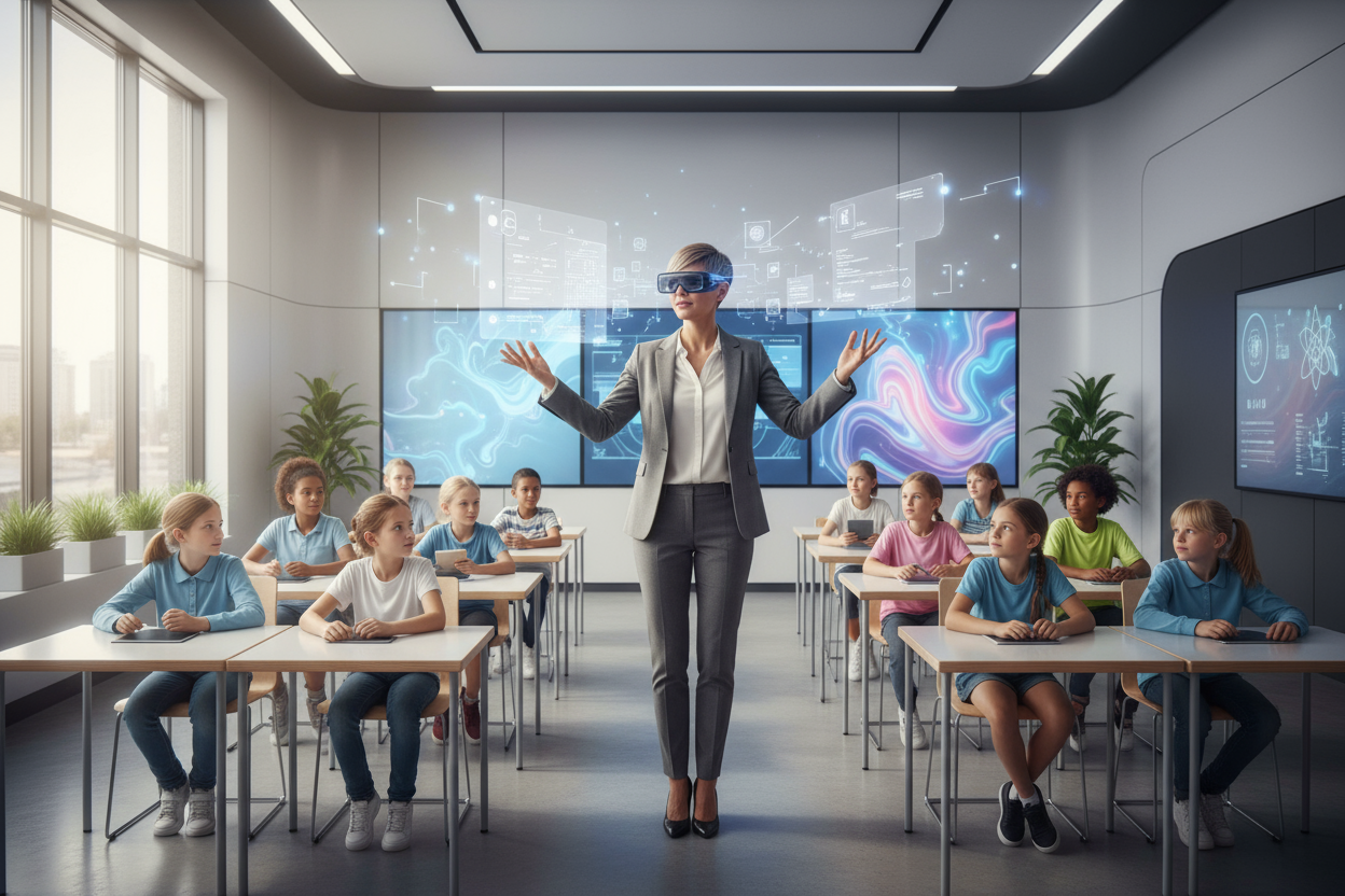 A 1:1 square image of a teacher using Leion HEY2 glasses while presenting to students, both hands gesturing naturally. Holographic teaching notes or bullet points appear subtly in the teacher’s field of view. The classroom is interactive and modern, filled with engaged students. Lighting should be bright and balanced, highlighting the natural flow and freedom of movement. No text or logos in the image.