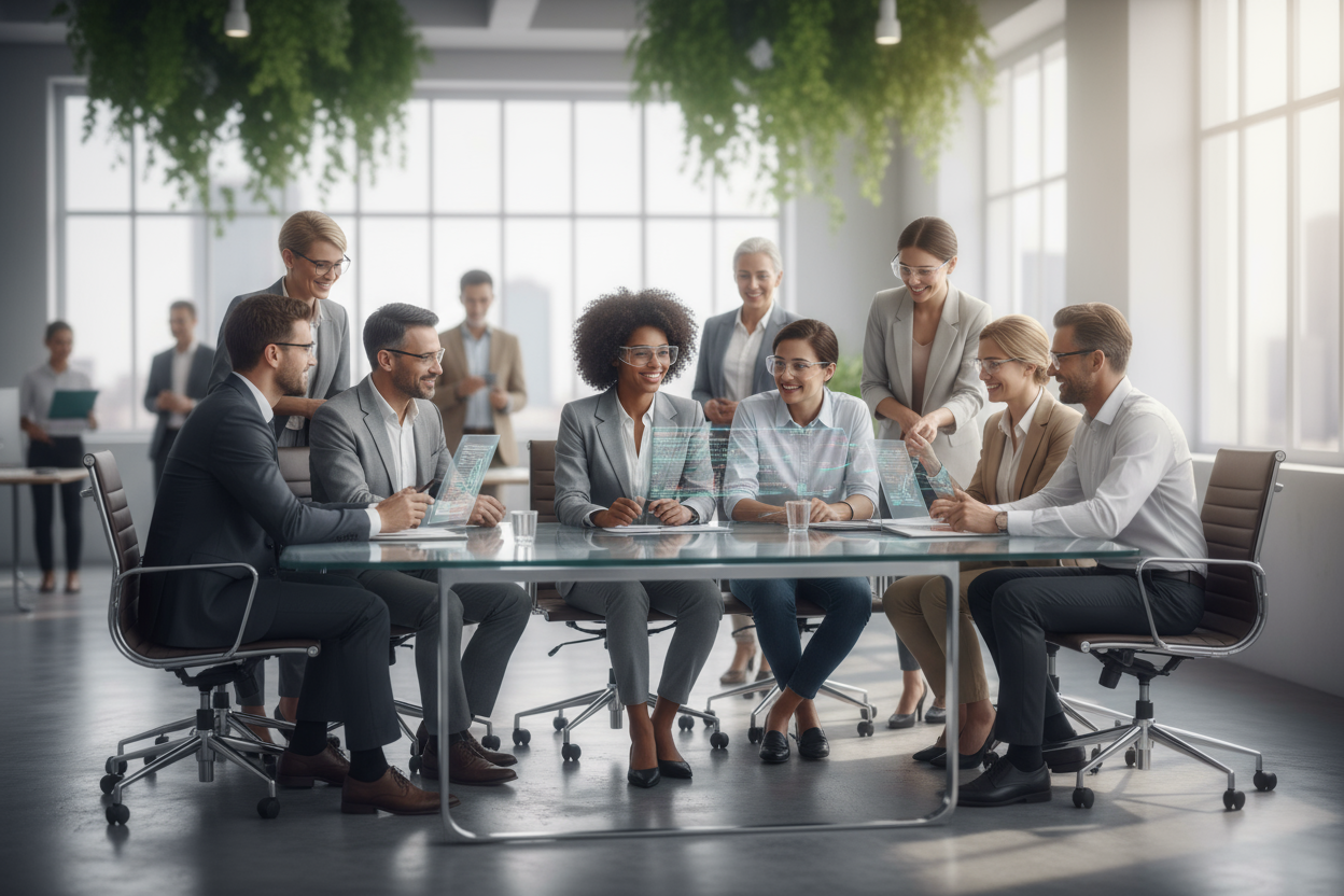 A 1:1 square image showing a diverse group of global professionals in a bright, modern office collaborating seamlessly. Everyone is engaged and smiling, representing effortless communication across languages. The central figure wears Leion HEY2 glasses subtly reflecting holographic translation overlays. The atmosphere is warm, empowering, and futuristic, with natural lighting and soft depth of field to evoke clarity and connection. No text or logos in the image.