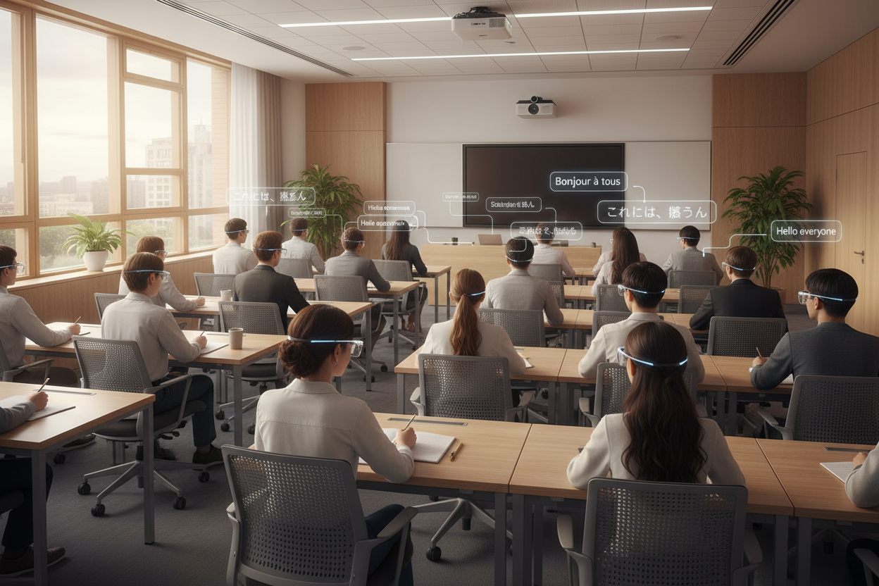 A 1:1 square image showing a multicultural classroom or lecture setting with students wearing Leion HEY2 glasses. Subtle holographic subtitles appear in different languages (e.g., English, Japanese, French) above the students’ view, reflecting real-time translation during a lecture. The environment feels bright and academic, with soft daylight and warm tones to evoke openness and clarity. No text or logos in the image.