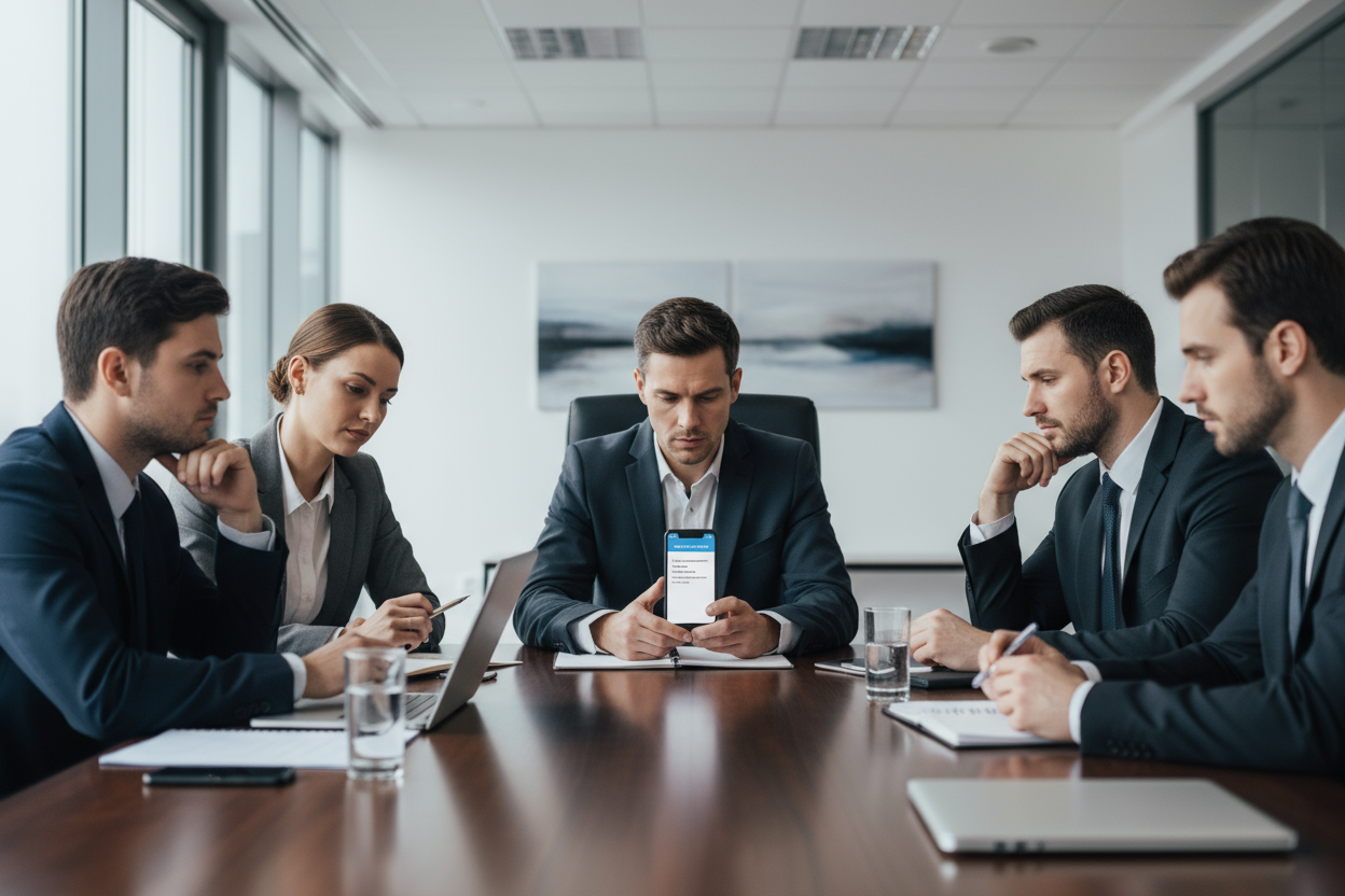 A 1:1 square image showing a professional sitting at a conference table surrounded by colleagues, all looking slightly disengaged. The central figure glances down at a smartphone translator app while others wait, creating an atmosphere of communication delay. Subtle body language shows hesitation and lost eye contact. The lighting is soft and neutral, suggesting a professional environment but highlighting the lack of connection. Background slightly blurred to focus on the person using the phone. No text or