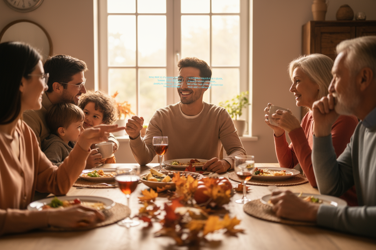 A 1:1 square image showing a user in a casual conversation at a family gathering, wearing Leion HEY2 glasses. The transcription text appears seamlessly in their line of sight, allowing them to focus on the conversation without looking at a device. The background captures a warm, inclusive setting with family members talking, smiling, and interacting. The lighting is soft, emphasizing the ease and natural flow of conversation. No text or logos in the image.