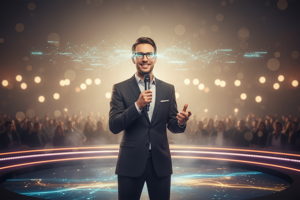 A 16:9 landscape image of a speaker on stage addressing an audience confidently. Subtle holographic text floats in front of the wearer’s AR glasses, showing faint lines of a speech. The background audience is softly blurred, lighting warm and focused on the speaker. No text or logos in the image.