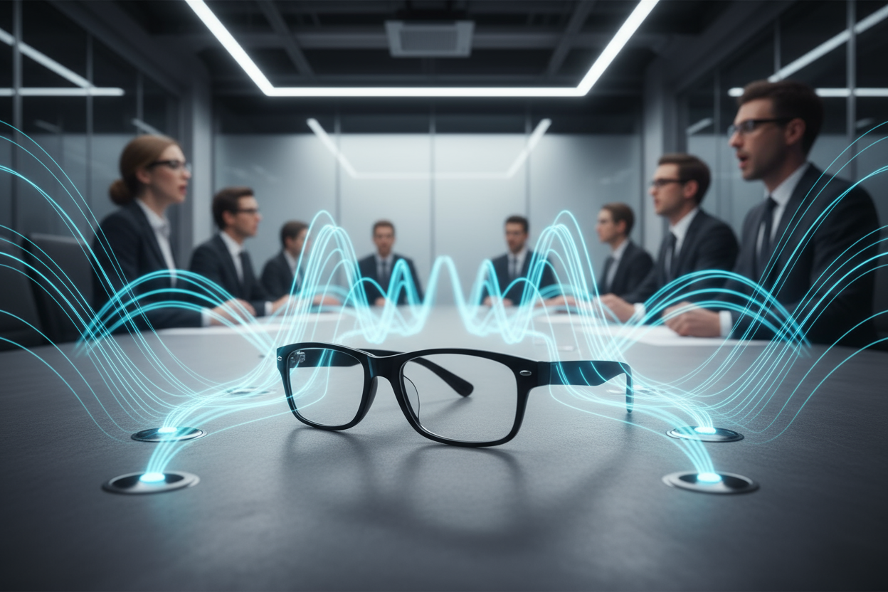 A close-up of Leion HEY2 smart glasses placed on a modern table, surrounded by glowing soundwave visuals radiating evenly from four small microphone points around the frame. Background shows a subtle blur of a meeting environment with multiple speakers. Lighting is soft, professional, and high-tech. 1:1 ratio, no text or logos.