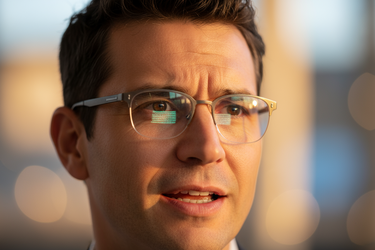 A square image showing a close-up of a presenter’s face mid-speech, with expressive eyes and subtle reflection of scrolling text in the glasses. Background softly blurred to emphasize focus and emotion. Warm lighting, cinematic composition, no text or logos.