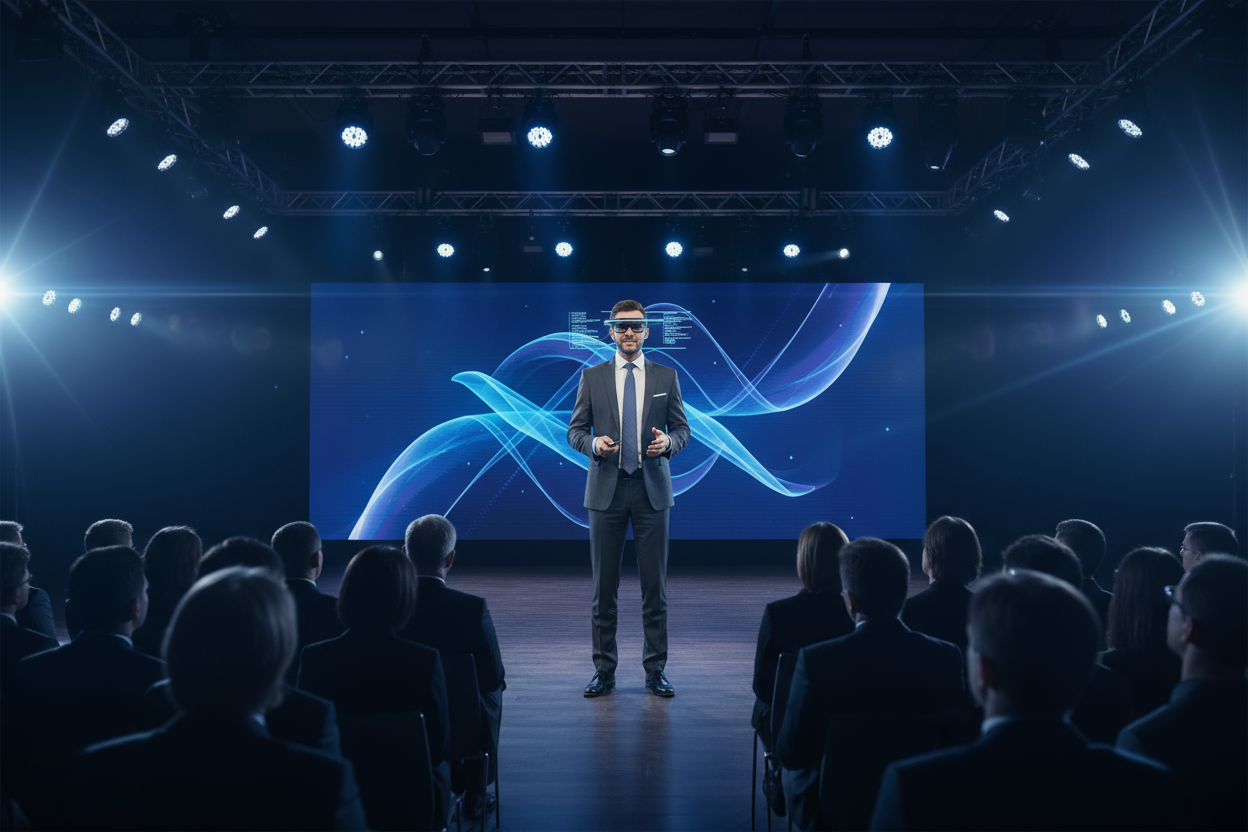 A wide, cinematic 16:9 horizontal image showing a confident speaker delivering a presentation on stage under professional lighting. The speaker wears sleek Leion HEY2 AR glasses, maintaining direct eye contact with the audience. Subtle holographic text lines appear softly in front of the glasses, suggesting a teleprompter view. The background features a modern conference hall or media studio with blurred audience silhouettes. Lighting emphasizes clarity and confidence with cool tones and subtle lens flares.