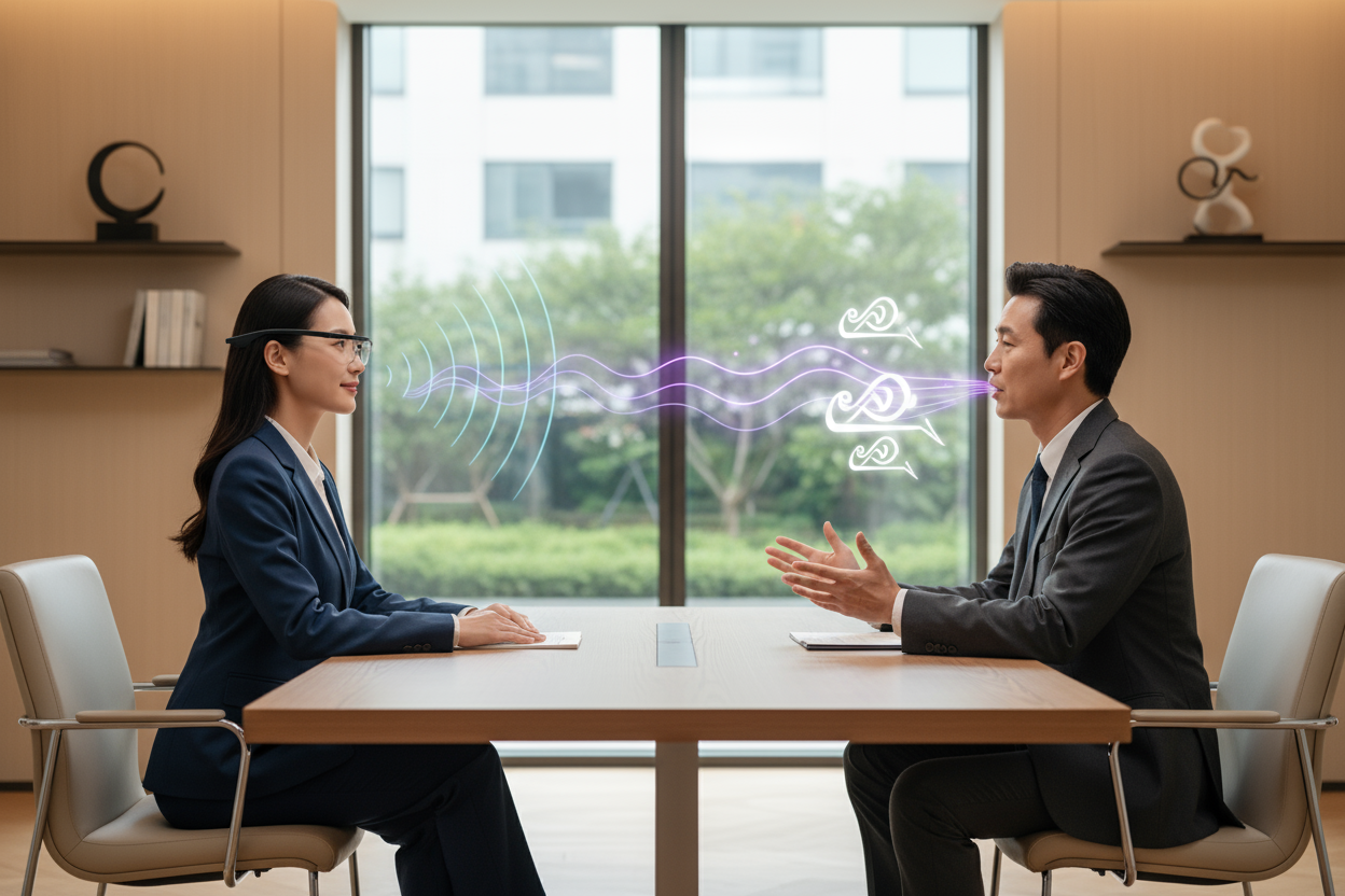 Two professionals speaking face-to-face in a quiet, elegant office setting — one speaking in English, the other in another language. The wearer of Leion HEY2 glasses has a calm expression, with soft visual indicators suggesting a muted soundwave from their side and a clear translated voice indicator from the other. Neutral background, balanced lighting, 1:1 ratio, no text or logos.