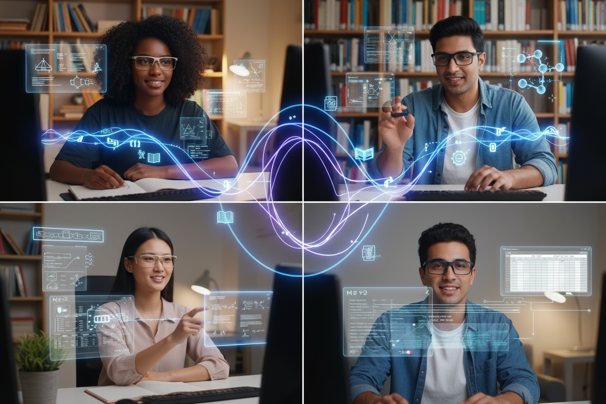 Virtual study group of diverse students connected across multiple screens, each using HEY2 glasses, with digital overlays linking their interactions.