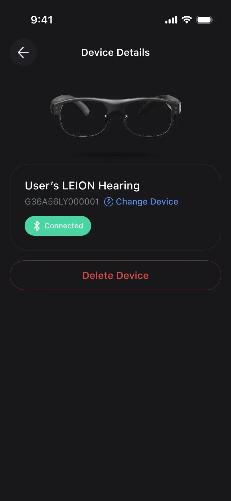 Device details screen with Delete Device