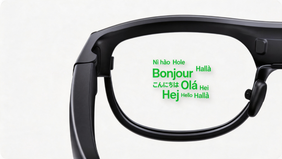 Close-up of Leion glasses lens with green text display