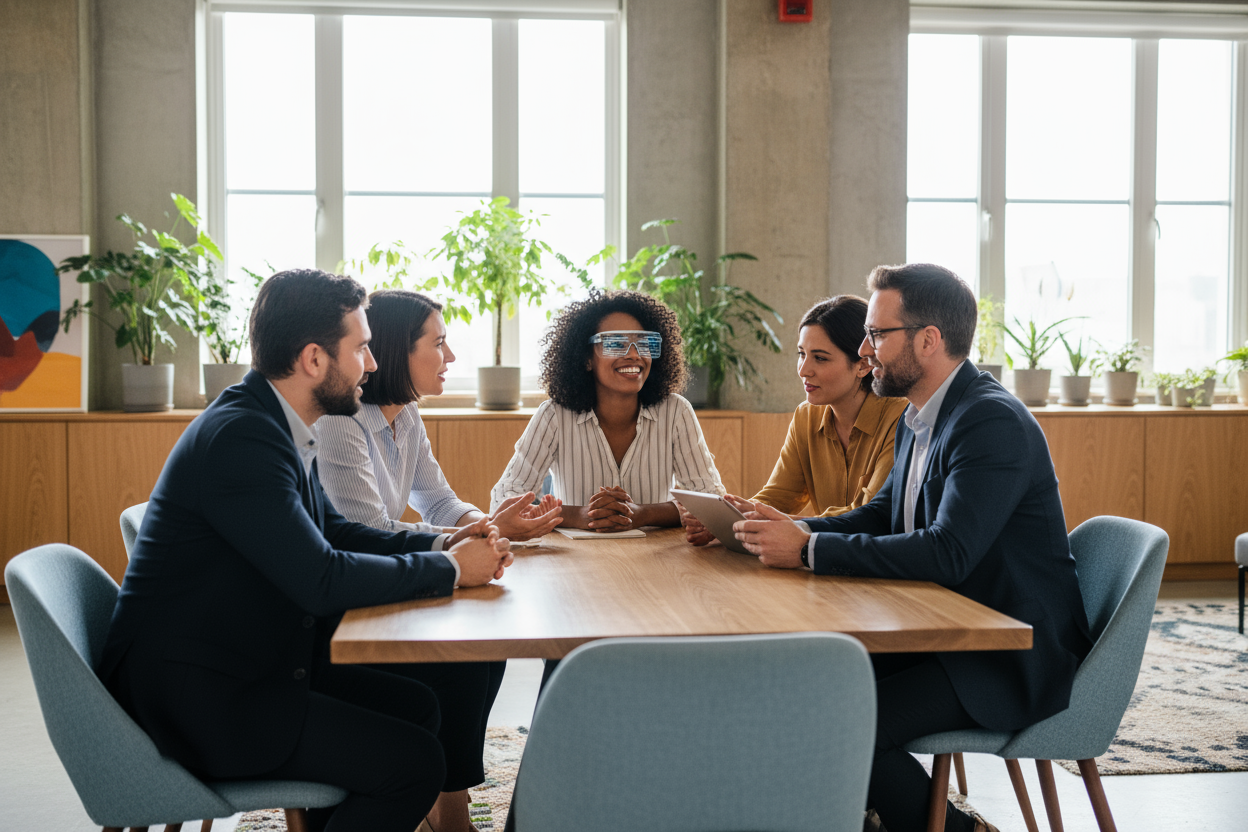 A 1:1 image of a small team in discussion, one member with HEY2 glasses smiling as they follow conversation through captions. Collaborative workspace with modern décor, bright yet soft light. No text or logos.