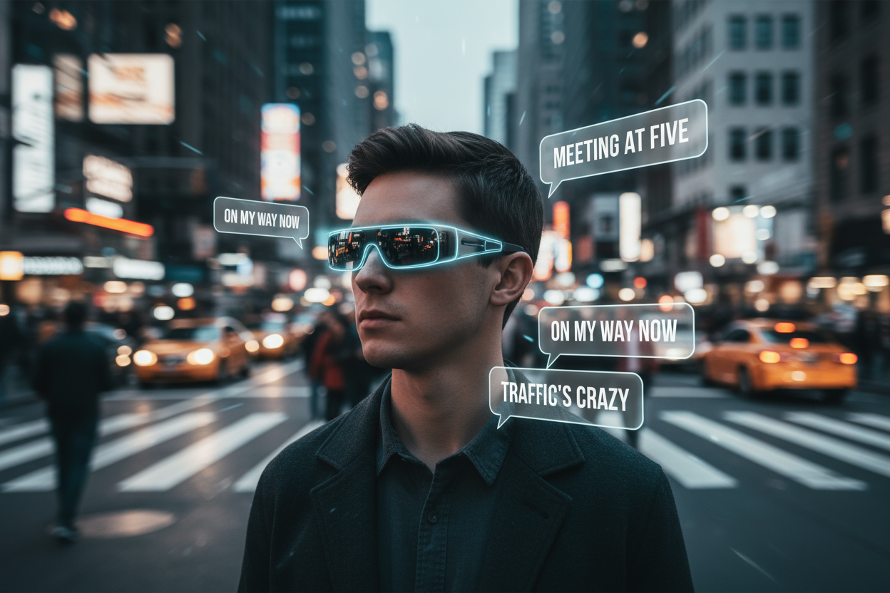 A 1:1 image of a user in a bustling city environment wearing HEY2, captions visible while background blur conveys movement and noise filtering. Soft blue tech glow around the glasses, dynamic composition, no text or logos.