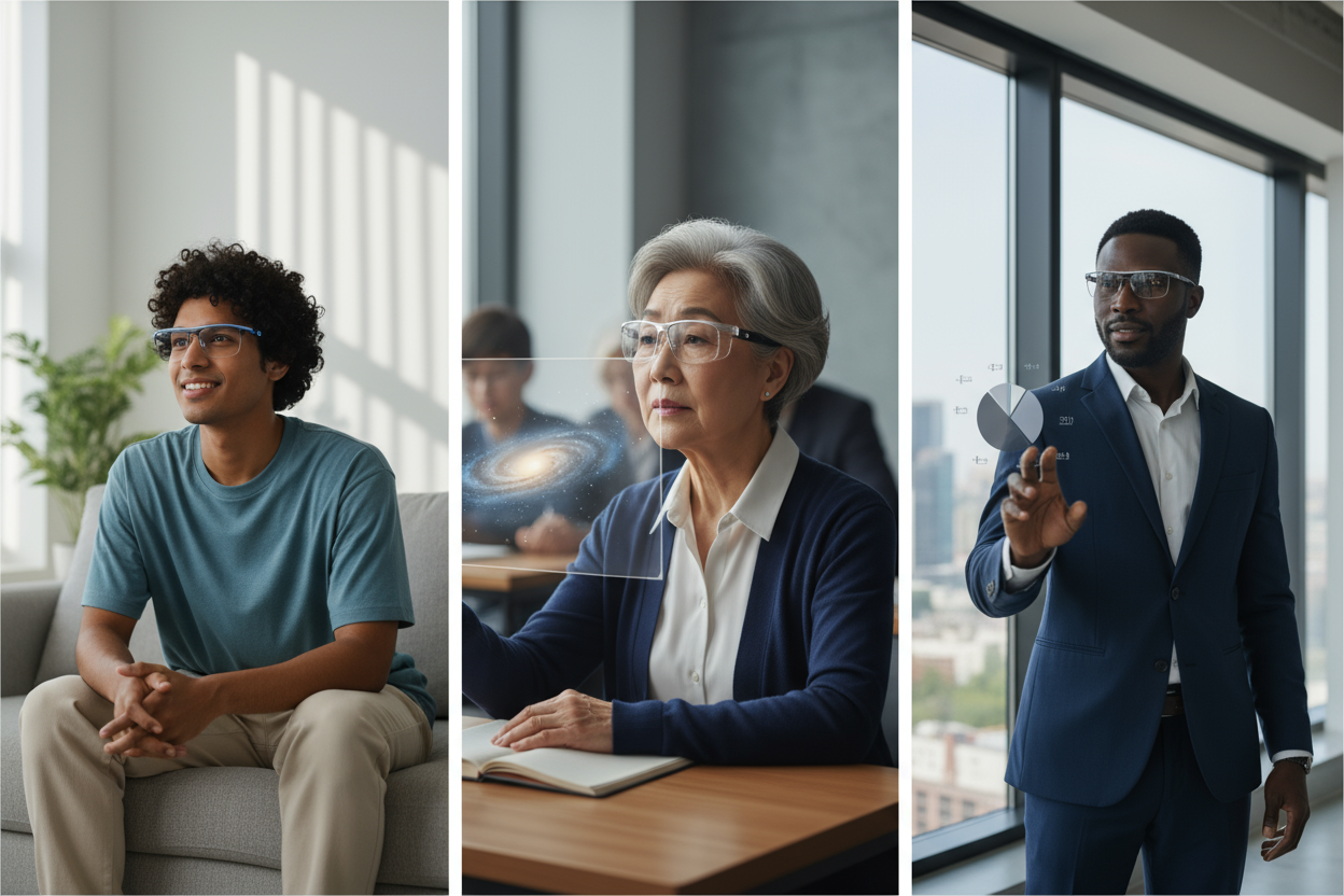 A 1:1 image of diverse users—young adult, senior, and professional—all wearing Leion HEY2 glasses in different settings (home, classroom, office). Calm neutral background, balanced lighting, inclusive and forward-looking aesthetic. No text or logos.