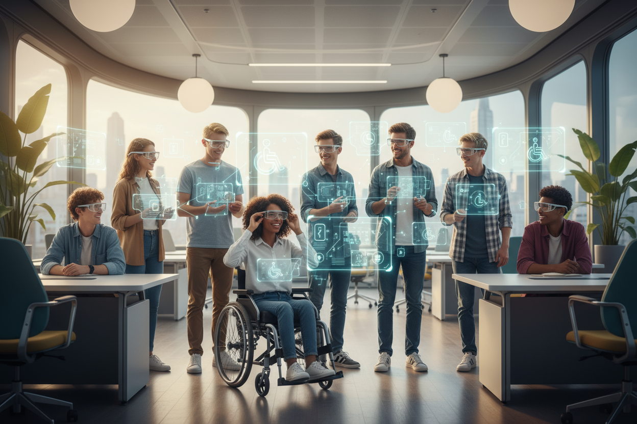 A 1:1 square image showing a diverse group of students of different ages and backgrounds — one using a wheelchair, another with hearing aids — all wearing Leion HEY2 glasses. They interact confidently with the same digital overlays, showing universal accessibility. The setting is a futuristic learning lab or open classroom with soft, inclusive lighting that conveys empowerment and equality. No text or logos in the image.