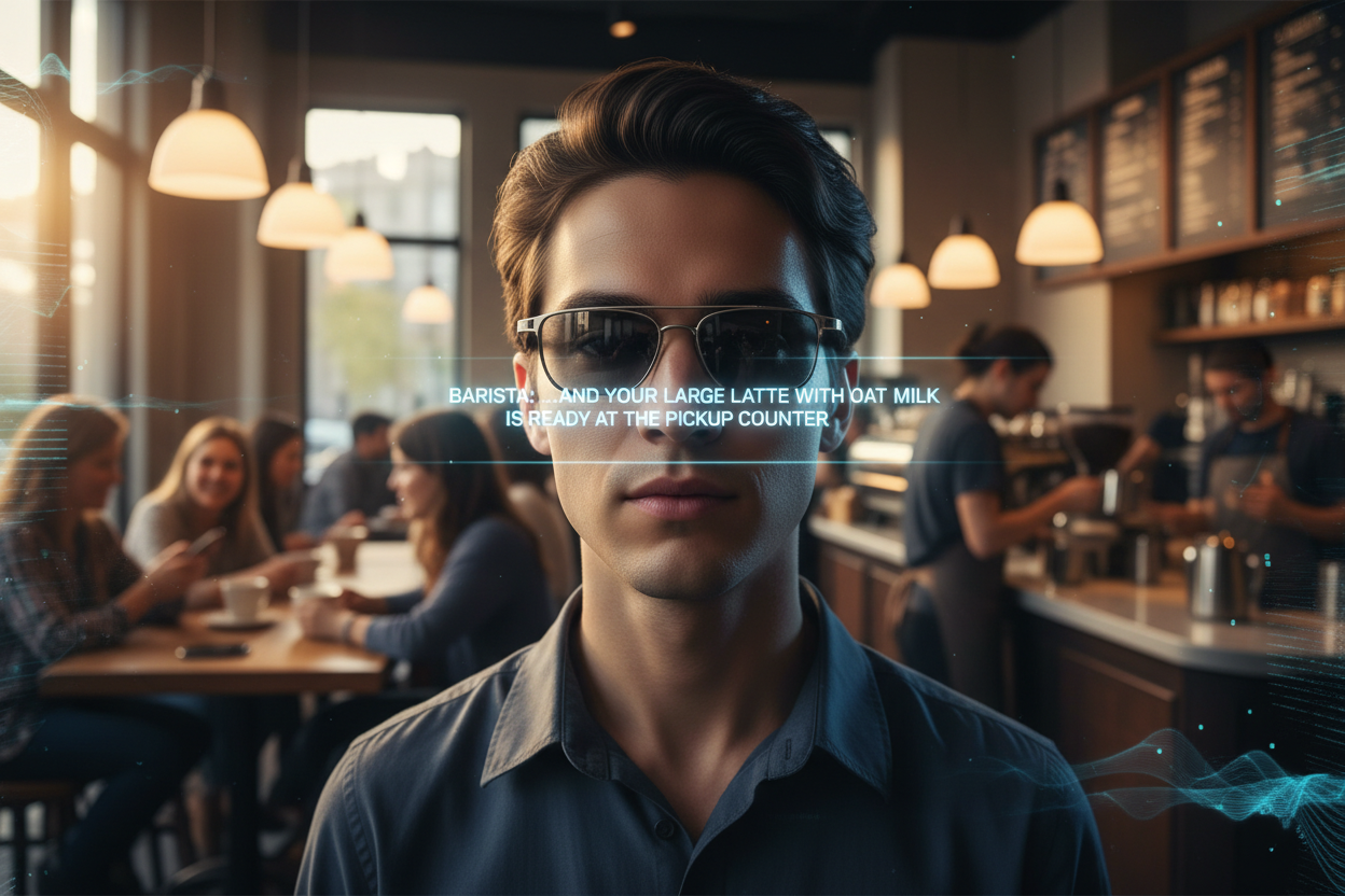 A 1:1 square image showing a person wearing Leion HEY2 glasses in a bustling coffee shop, with clear, crisp transcription text appearing in front of them despite the background noise. The image subtly highlights AI functionality with digital "waves" or visual noise filtering in the background. The setting is vibrant, with people talking and moving, but the user is able to read the perfectly transcribed text. Cool tones and soft focus on the user, with background slightly blurred to emphasize precision.