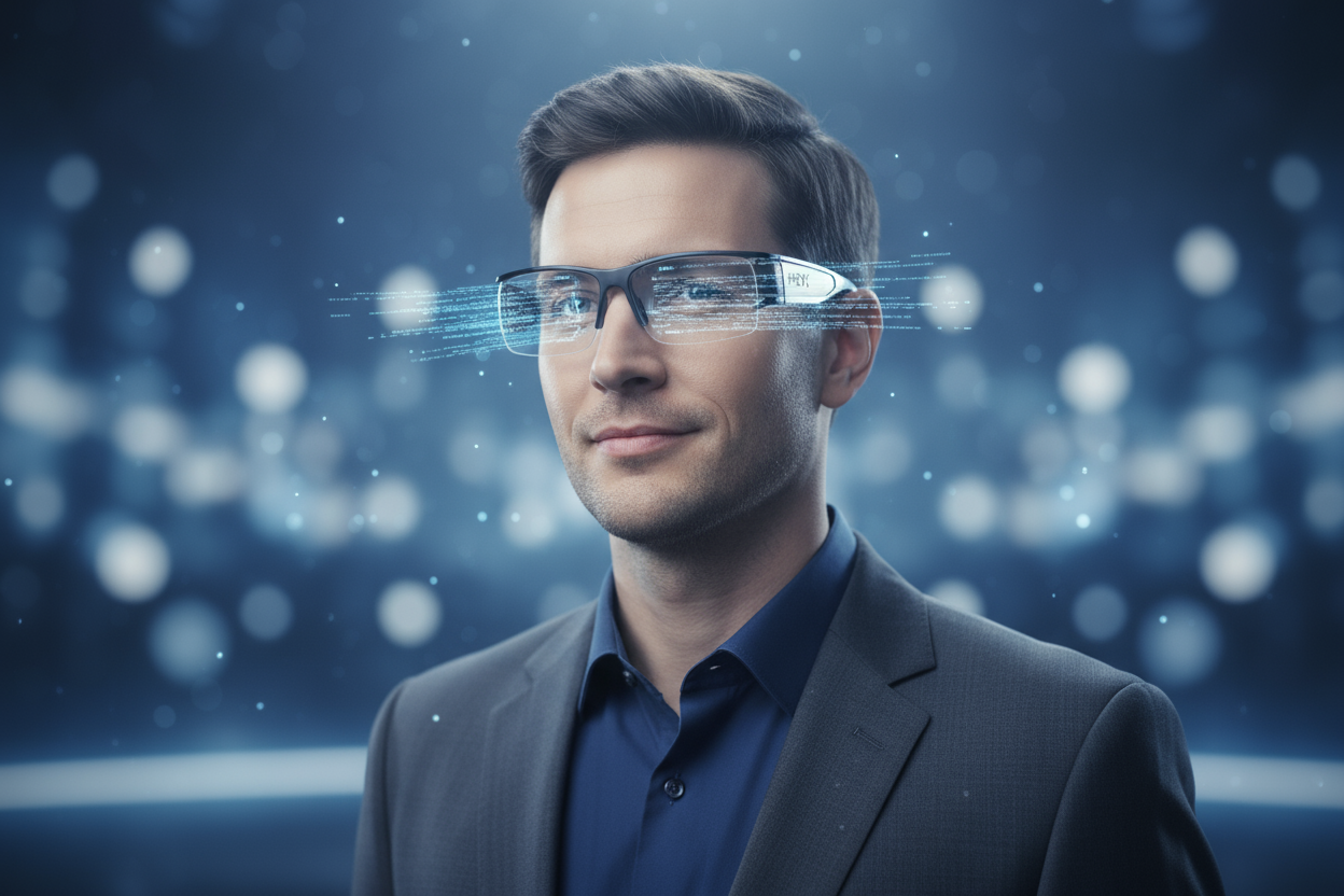 A 1:1 square image showing a presenter wearing Leion HEY2 glasses while speaking confidently. Subtle holographic text lines appear softly in front of their lenses, visible only to the wearer. The background shows a blurred audience or bright presentation stage. Lighting is clean and modern, evoking innovation and calm focus. No text or logos.
