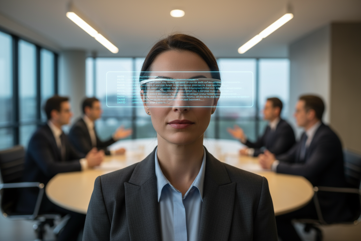 A 1:1 square image showing a professional in a modern office, wearing Leion HEY2 glasses, with holographic text appearing in front of their eyes in real-time. The text reflects a conversation happening around them, with speech being instantly transcribed. The background shows a group discussion, but the focus is on the clear, easy-to-read text floating above the glasses. Warm, ambient lighting emphasizes the user's natural engagement. No text or logos in the image.