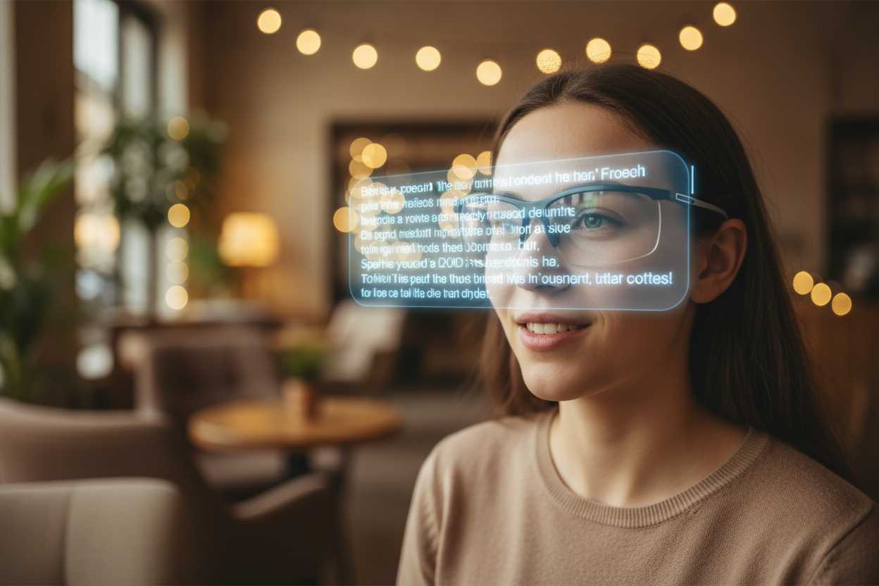 A 16:9 landscape image showing a close-up of a person wearing Leion HEY2 glasses, with live transcription text floating clearly in front of them during a conversation. The background shows a cozy indoor environment, such as a café or meeting room, with soft lighting creating a warm and inclusive atmosphere. No text or logos in the image.