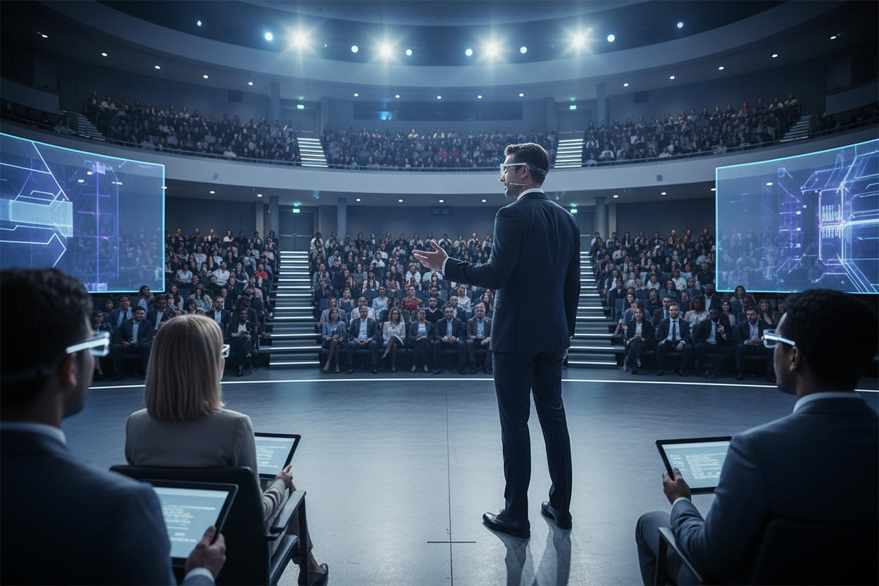 A 16:9 wide hero image of a keynote speaker in a modern auditorium. The presenter wears Leion HEY2 glasses, addressing an attentive, diverse audience. Faint holographic teleprompter text glows near the glasses. Spotlights and cool lighting evoke professionalism and focus. No text or logos in the image.