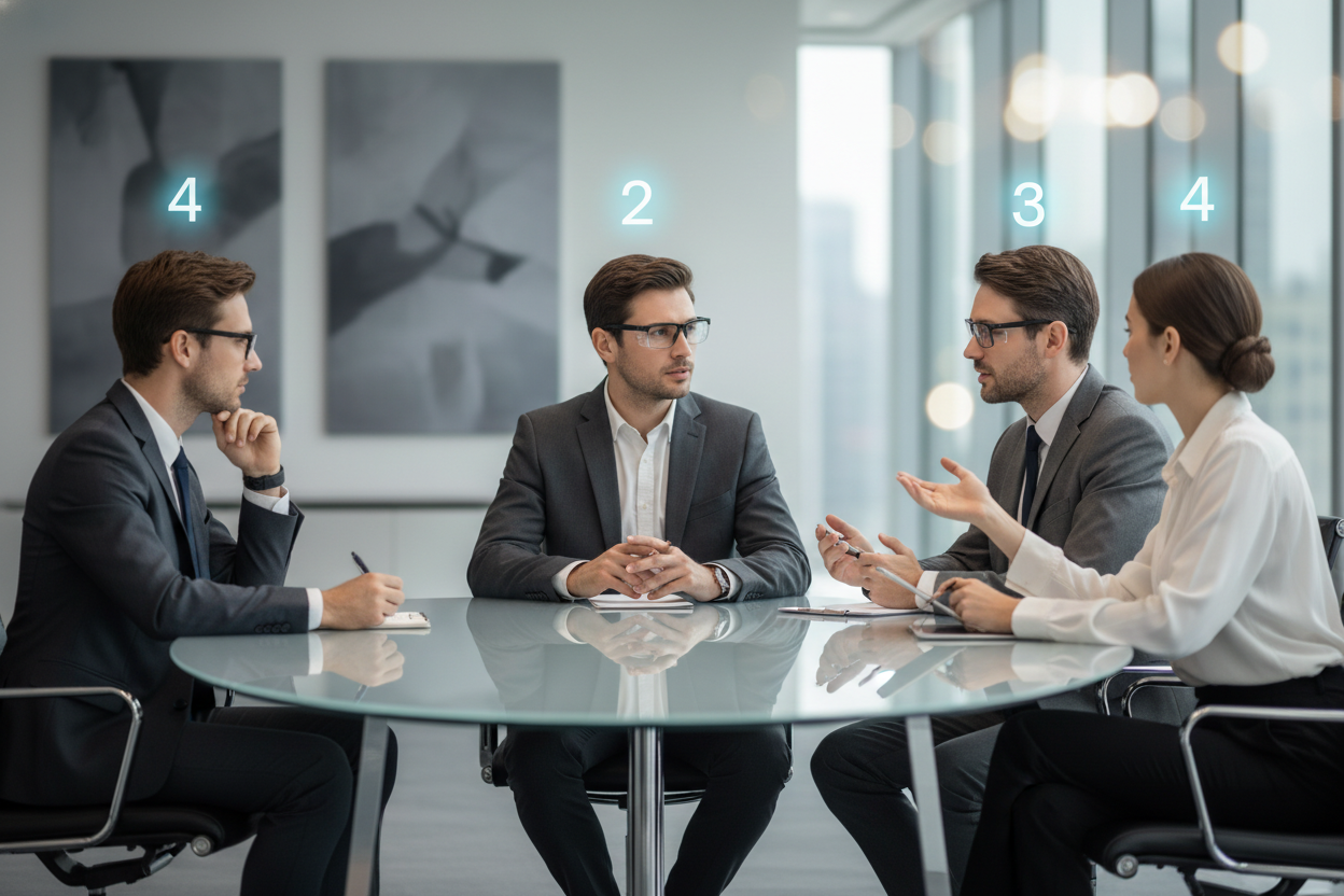 A business meeting scene with four participants around a conference table, each subtly highlighted with glowing numeric labels (1, 2, 3, 4) above their heads. The central person wearing Leion HEY2 glasses is clearly following the conversation. The background is softly blurred to emphasize the labeled participants. Clean, premium lighting, 1:1 ratio, no text.