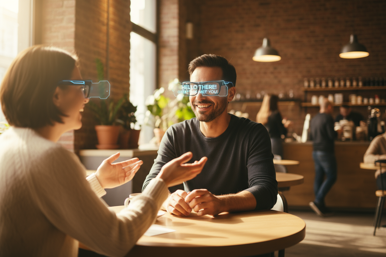 A cinematic 16:9 horizontal image showing a person wearing Leion HEY2 glasses in a calm, friendly social setting — such as a cozy café or modern office. Subtle holographic captions appear in front of the wearer’s glasses, displaying live text from the conversation. The individual looks confident and engaged while interacting naturally with others. The atmosphere feels inclusive, bright, and optimistic, with soft daylight and warm tones. Leave the left side of the image softly lit and uncluttered for text ov