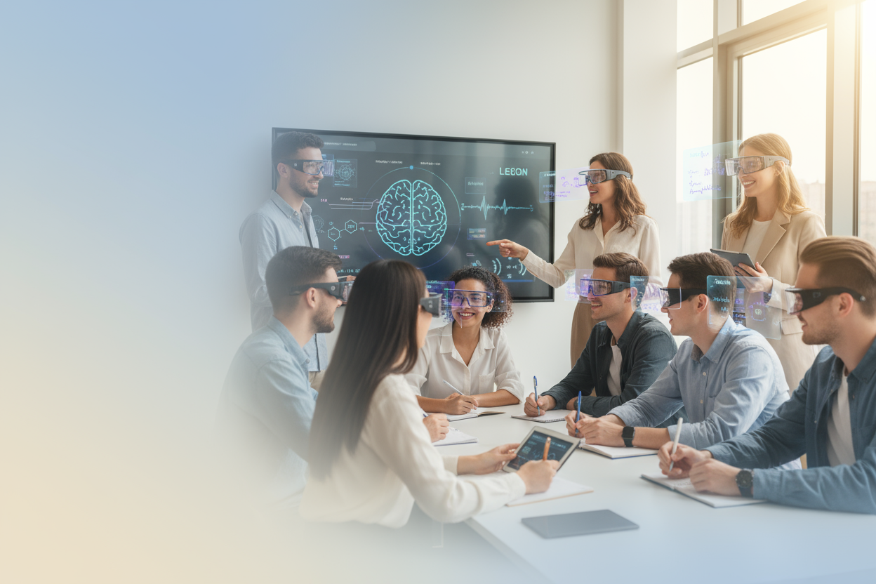 A cinematic 16:9 image showing a diverse group of students and educators in a bright, modern classroom or lecture hall. Several individuals wear sleek Leion HEY2 AR glasses, with subtle holographic overlays of text, translations, and digital notes floating naturally in their field of view. The atmosphere should feel dynamic, inclusive, and inspiring—capturing the energy of learning enhanced by AR and AI technology. Lighting is bright and natural with a soft gradient background. Leave the left side clear.