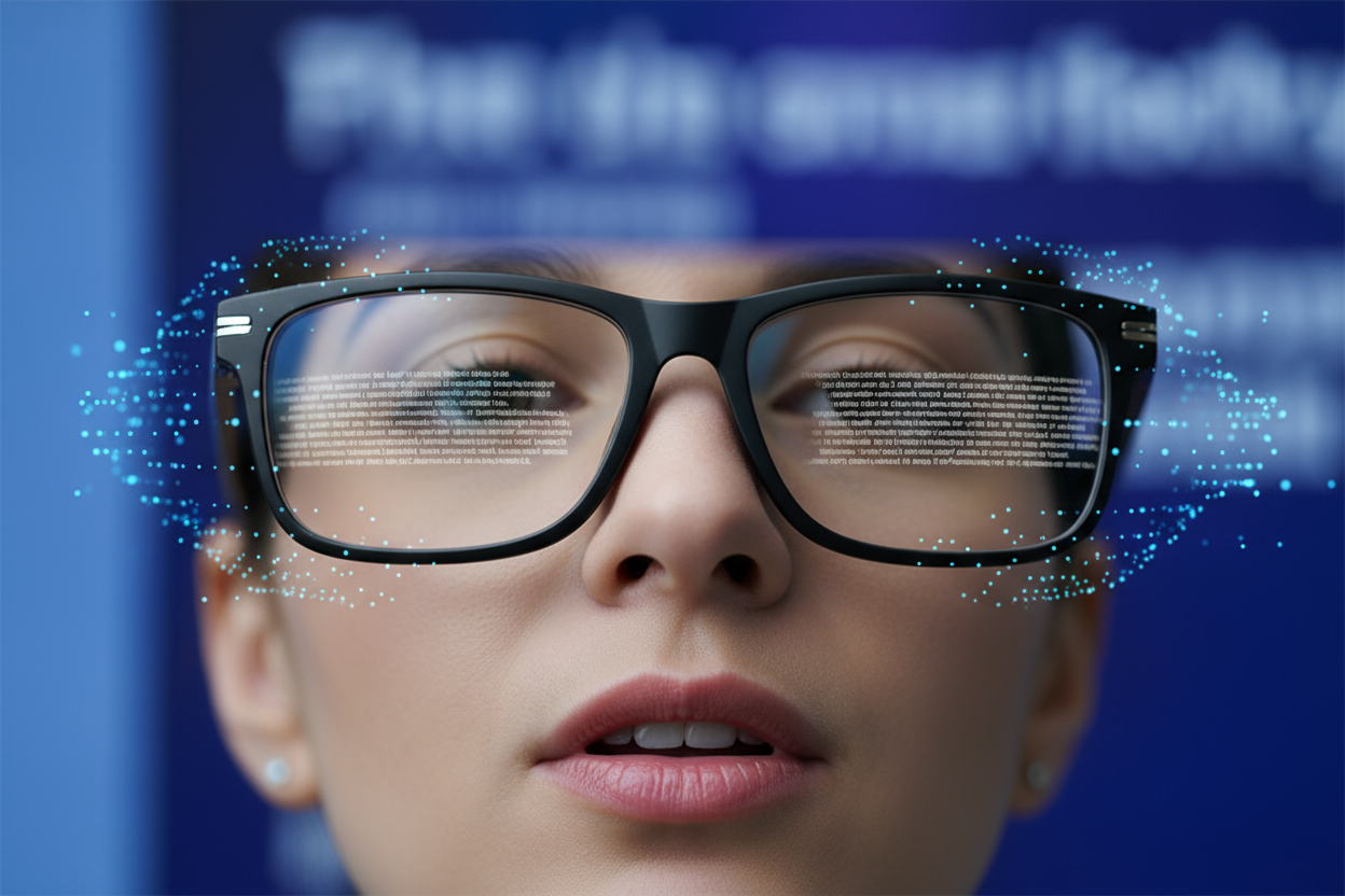 A close-up 1:1 square image of Leion HEY2 glasses mid-presentation, with faint scrolling text reflected on the lenses. The speaker’s mouth is mid-sentence, suggesting motion and rhythm. A minimal digital overlay of moving lines or dots subtly conveys AI timing and automation. Lighting cool and precise, no text or logos.