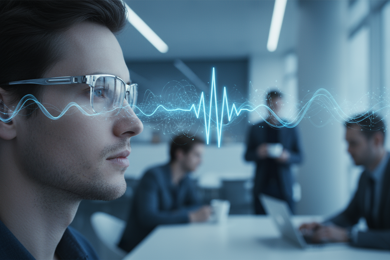 A side view of a person wearing Leion HEY2 glasses in a busy café or office setting. Visualize faint holographic waves filtering out chaotic background noise — blurred chatter, ambient sounds — while a clear voice waveform remains focused near the wearer. Calm blue tones with a sense of clarity and focus. 1:1 ratio, no text or logos.