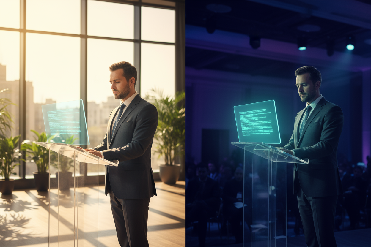 A split-tone 1:1 square image showing a presenter using Leion HEY2 both indoors and outdoors — half the frame in a bright daylight conference, half in a dim event hall. The holographic text remains evenly visible in both lighting conditions, symbolizing auto-brightness adjustment. Balanced warm-cool tones, premium cinematic finish, no text or logos.