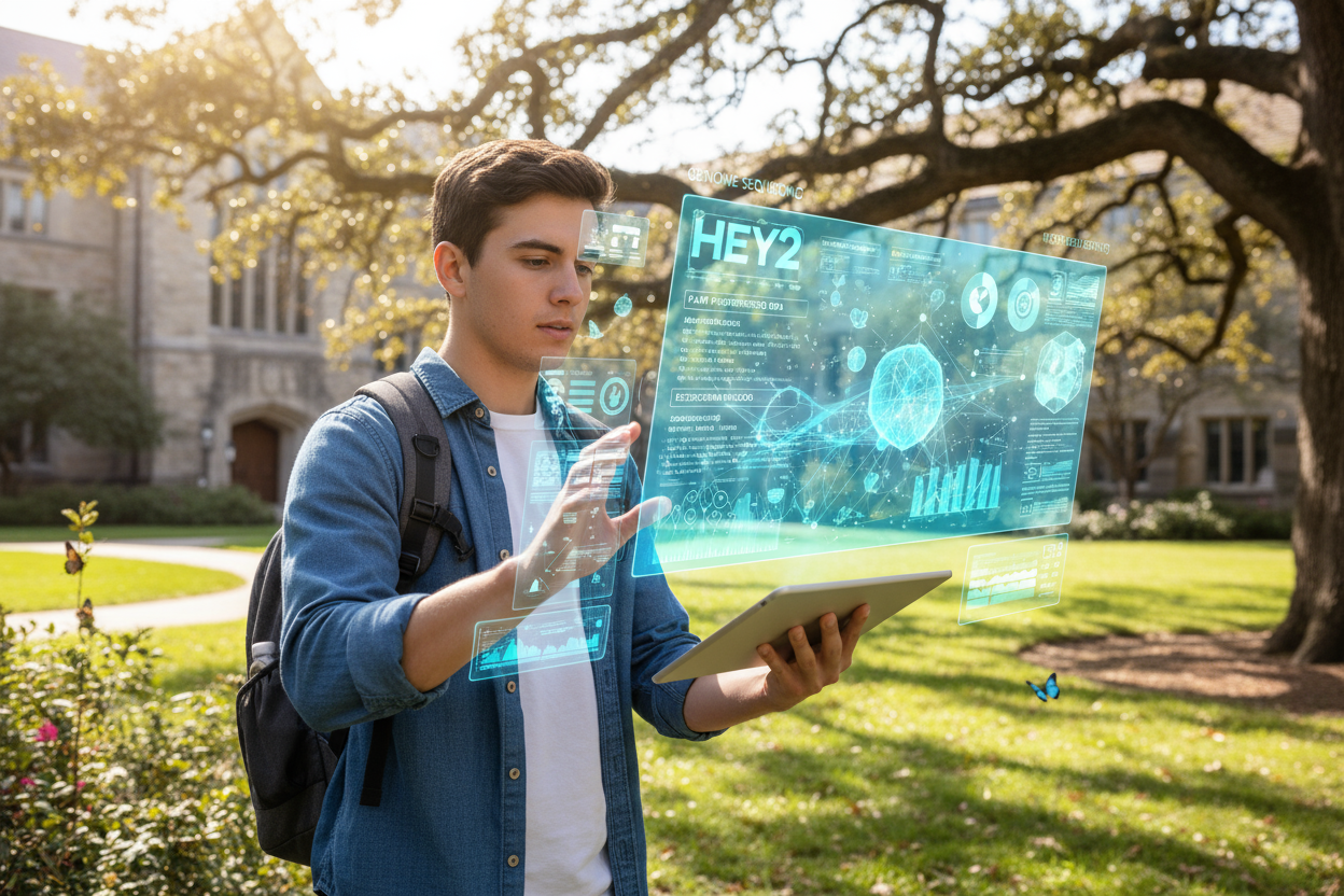 A student outdoors conducting research with HEY2, holographic notes appearing clearly in sunlight.