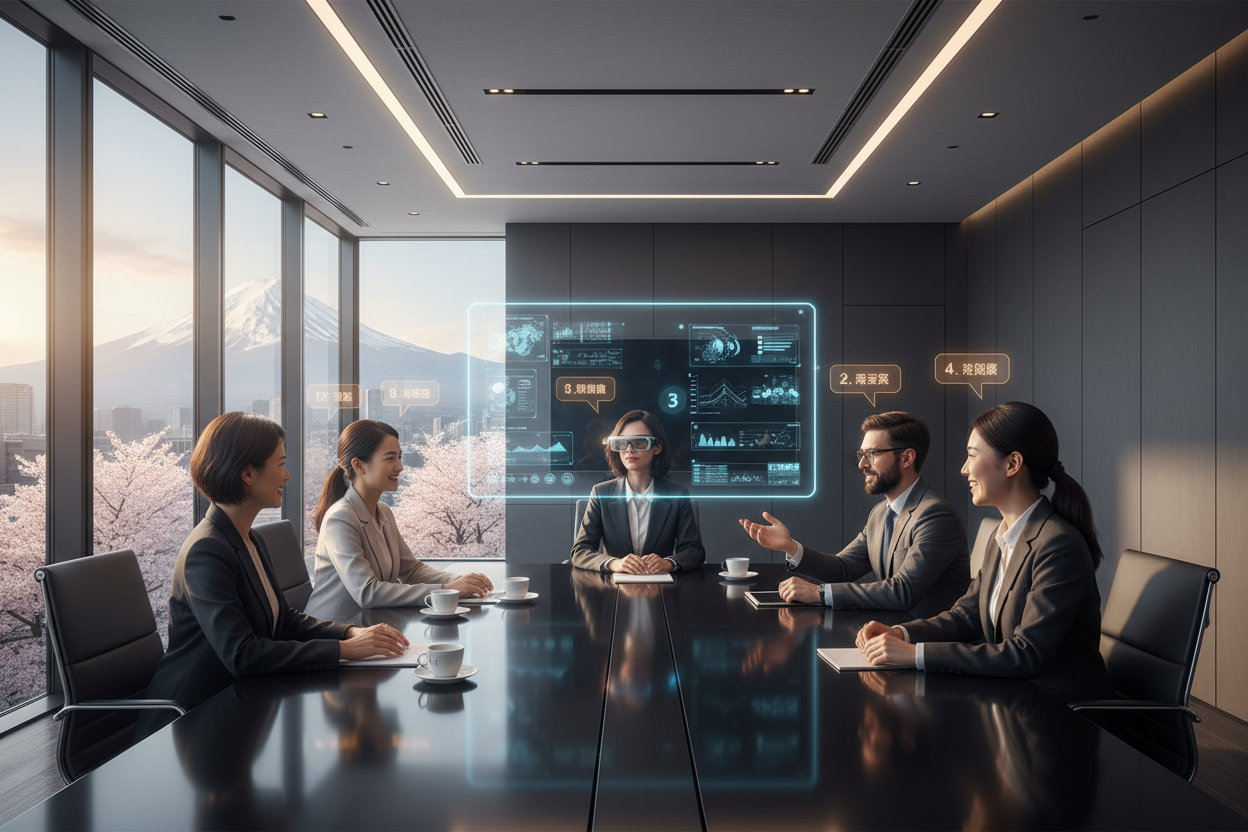 A wide 1:1 square image showing a sleek, modern boardroom in Tokyo with an international team of five professionals engaged in a lively discussion. The central person wearing Leion HEY2 glasses maintains confident eye contact, with subtle holographic translations floating in their field of view. Each participant has a soft numeric label (1–5) above their head to indicate speaker identification. The atmosphere feels collaborative and high-tech, with warm daylight streaming through large windows and a premium