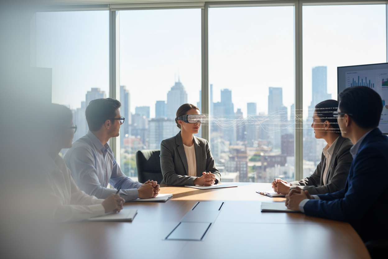 A wide, cinematic 16:9 horizontal image showing an international business meeting in a modern glass-walled boardroom. A professional wearing Leion HEY2 AR glasses sits at the center, engaged confidently with diverse colleagues around a sleek table. Subtle holographic translation text floats in front of the wearer’s lenses, softly glowing in neutral tones. Background shows natural daylight through large windows, creating a premium, futuristic yet realistic atmosphere. The left side of the image should be sof