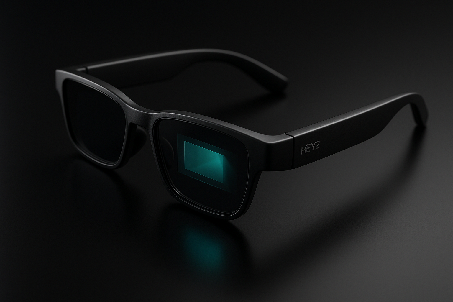 Leion HEY2 smart AR glasses displayed diagonally on a matte black reflective surface, accent lighting highlighting frame edges and lens projection. Minimalist composition, shallow depth of field, soft reflections, luxury tech product photography, square aspect ratio.