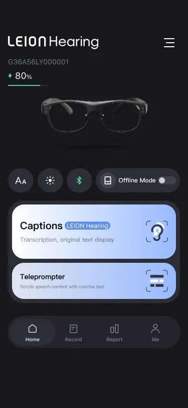 LEION Hearing app screen showing Captions and Teleprompter