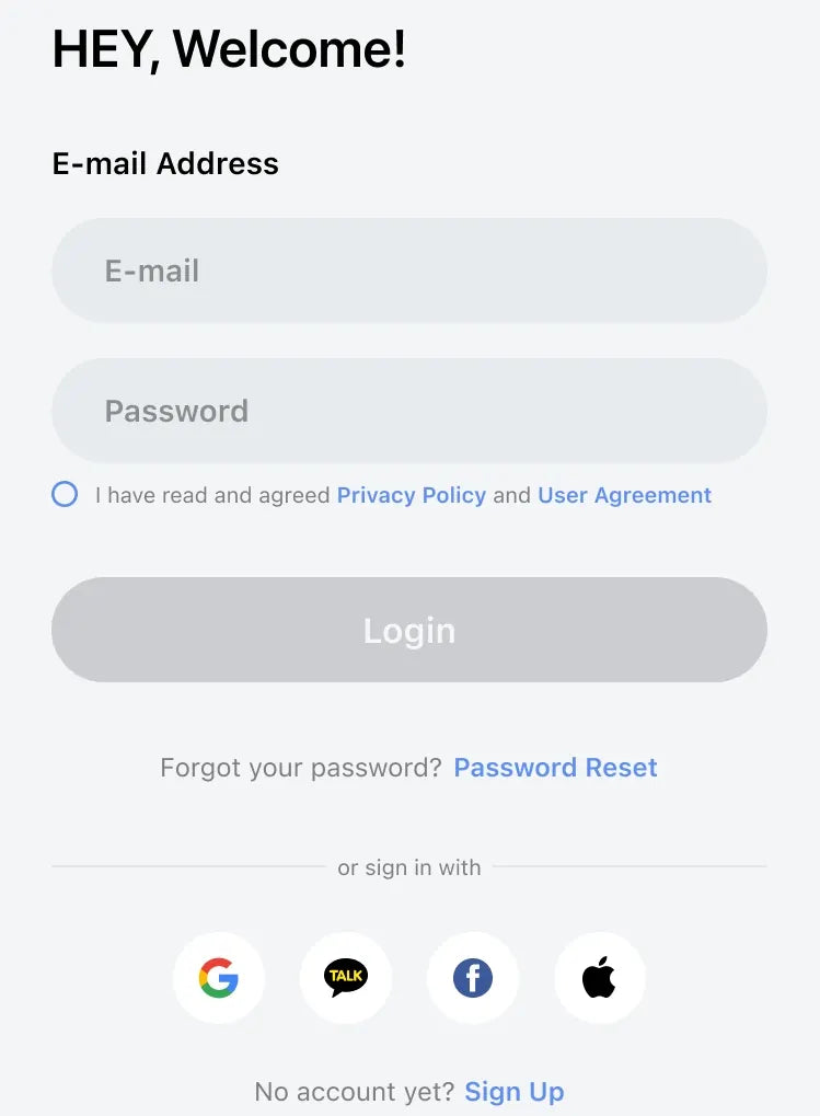 Registration and login screen